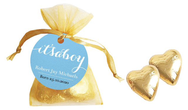 Flowing Words Boys Birth Announcement Personalised Organza Bag In Gold