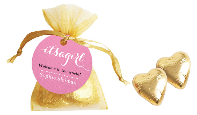 Flowing Words Girls Birth Announcement Personalised Organza Bag In Gold