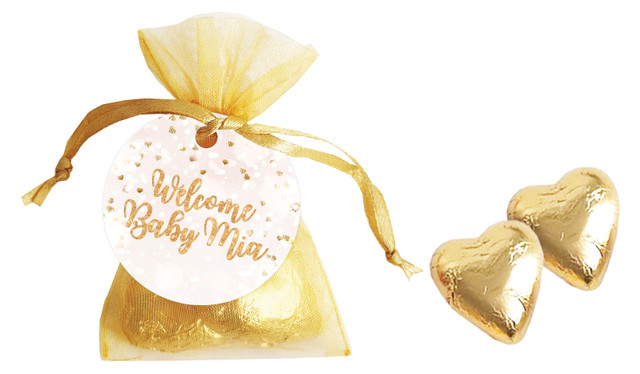 Heart Confetti Birth Announcement Personalised Organza Bag In Gold