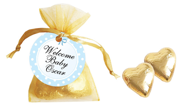 Polkadot Blue Birth Announcement Personalised Organza Bag In Gold
