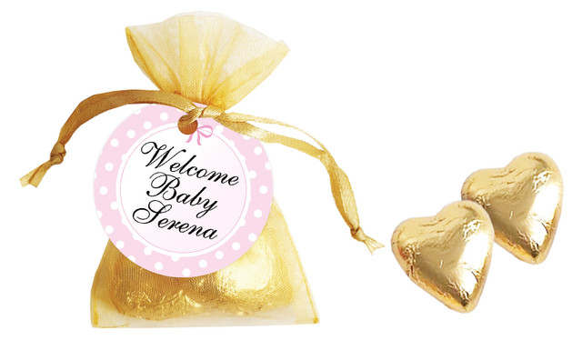 Polkadot Pink Birth Announcement Personalised Organza Bag In Gold
