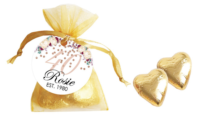 40th Rose Gold Confetti Personalised Organza Bag In Gold