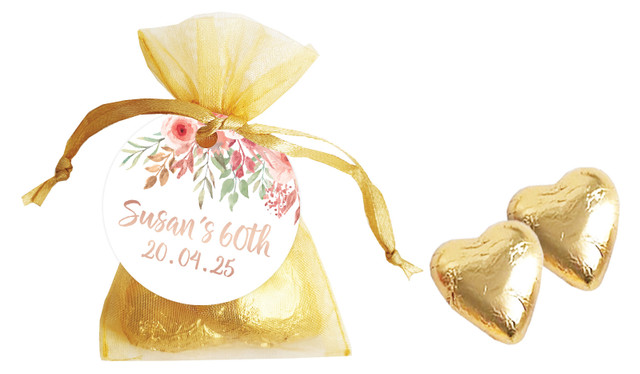 Peach Floral Personalised Organza Bag In Gold