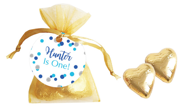 Confetti Blue And Silver Birthday Personalised Organza Bag In Gold