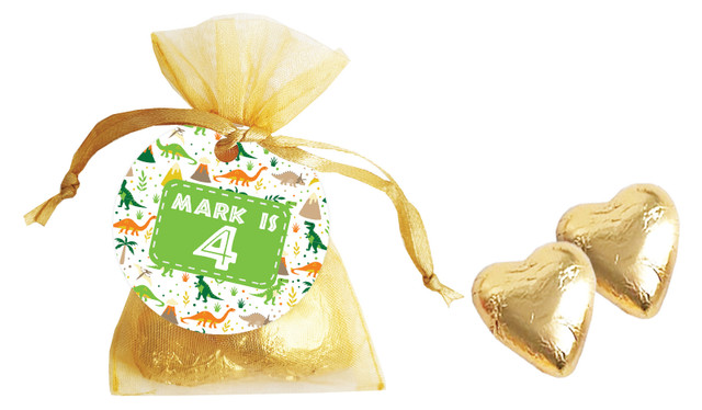Dinosaur Background Birthday Personalised Organza Bag In Gold