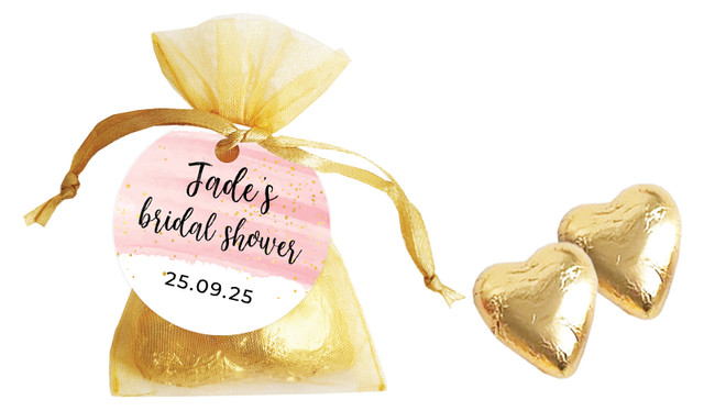 Pink Watercolour Bridal Shower Personalised Organza Bag In Gold