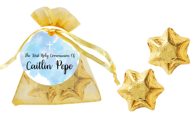 A Splash Of Watercolour Blue Communion Personalised Organza Bag In Gold