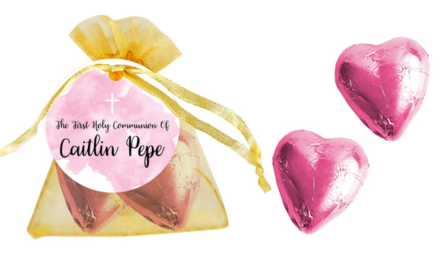 A Splash Of Watercolour Pink Communion Personalised Organza Bag In Gold