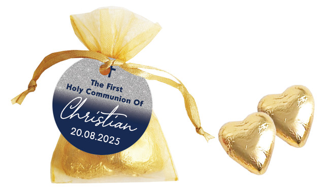 Blue and Silver glitter Communion Personalised Organza Bag In Gold