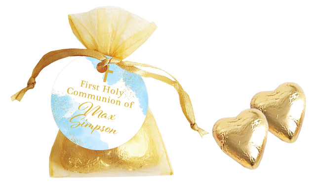 Gold Sparkle on Blue Communion Personalised Organza Bag In Gold
