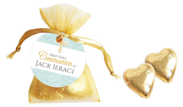 Lace Blue Communion Personalised Organza Bag In Gold