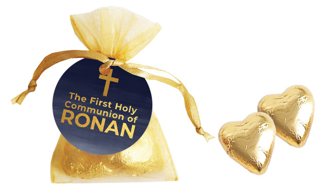 Navy Blue Watercolour Communion Personalised Organza Bag In Gold