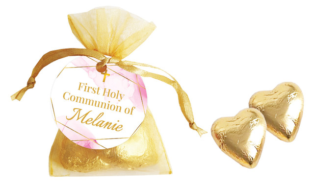 Pink Watercolour with Gold Communion Personalised Organza Bag In Gold