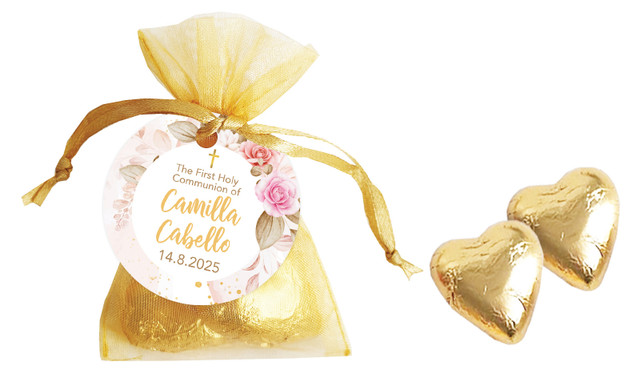 Pretty Roses Communion Personalised Organza Bag In Gold