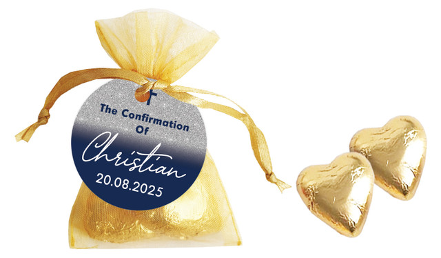 Blue and Silver glitter Confirmation Personalised Organza Bag In Gold