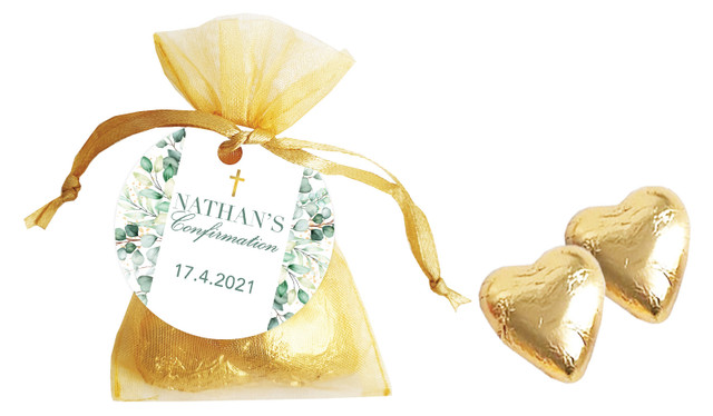 Eucalyptus Watercolour Confirmation Personalised Organza Bag In Gold