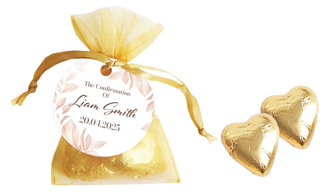 Natural Leaves Confirmation Personalised Organza Bag In Gold