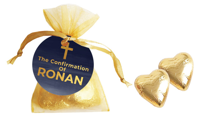 Navy Blue Watercolour Confirmation Personalised Organza Bag In Gold