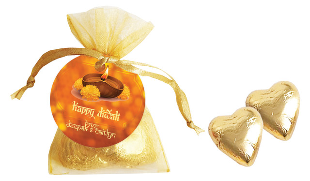 Bokeh Candle Diwali Personalised Organza Bag In Gold