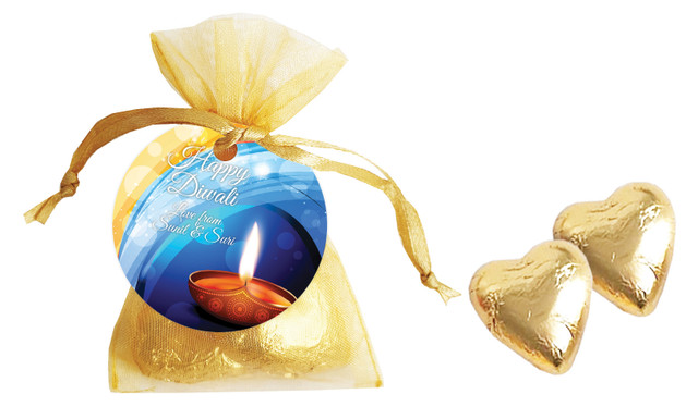 Vibrant Diwali Personalised Organza Bag In Gold