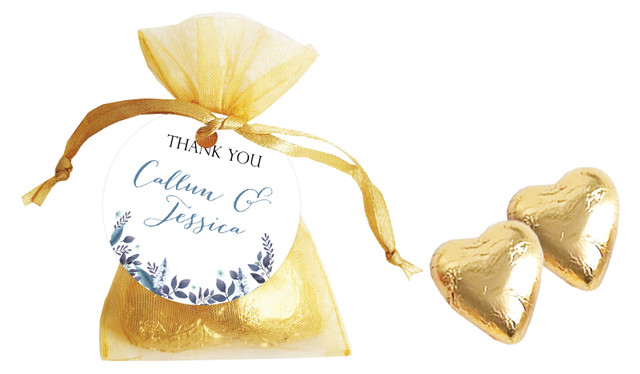 Blue Floral Engagement Personalised Organza Bag In Gold