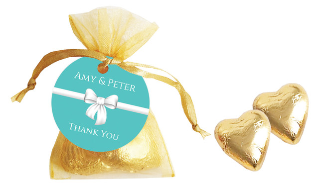Turquoise Blue Bow Engagement Personalised Organza Bag In Gold