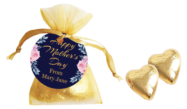 Pink Roses On Navy Mothers Day Personalised Organza Bag In Gold