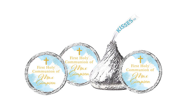 Gold Sparkle on Blue Communion Personalised Hersheys Kisses