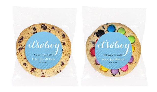 Flowing Words Blue Personalised Birth Announcement Cookies