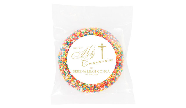 Gold Writing Personalised Communion Chocolate Freckle