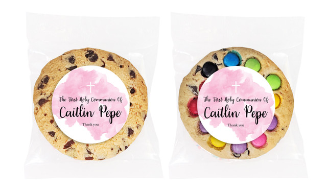 A Splash Of Watercolour Pink Communion Personalised Cookie