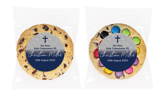 Blue and Silver glitter Communion Personalised Cookie