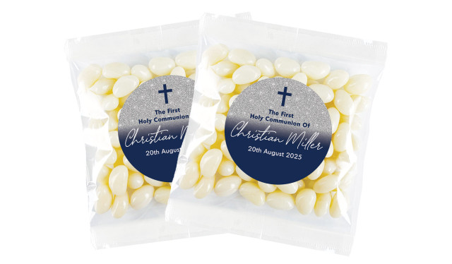 Blue and Silver glitter Communion Personalised Lolly Bag