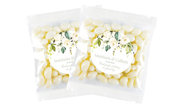 White Roses Hanging Personalised Jelly Bean Bag Favour
