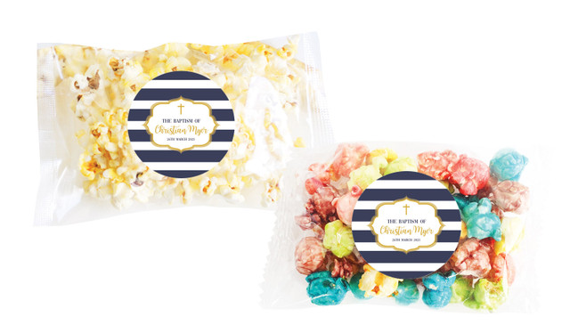 Bold Stripe And Gold Christening Personalised Popcorn Bag