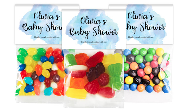 A Splash Of Watercolour Blue Baby Shower Personalised Lolly Bag With Topper