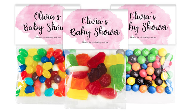 A Splash Of Watercolour Pink Baby Shower Personalised Lolly Bag With Topper