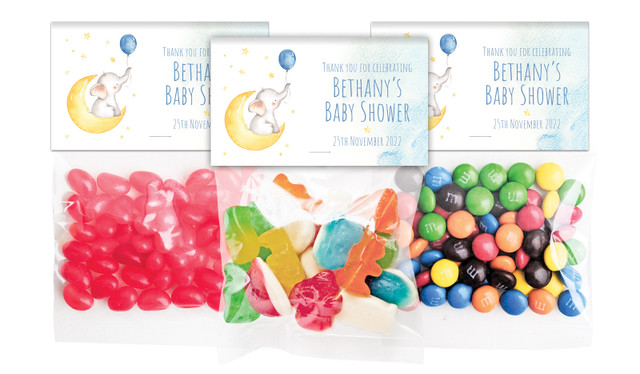 Elephant Moon Blue Baby Shower Personalised Lolly Bag With Topper