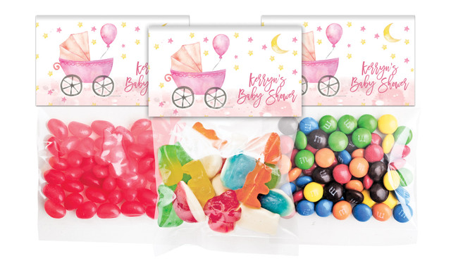 Pram Pink Baby Shower Personalised Lolly Bag With Topper