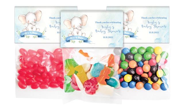 Sitting Elephant Blue Baby Shower Personalised Lolly Bag With Topper