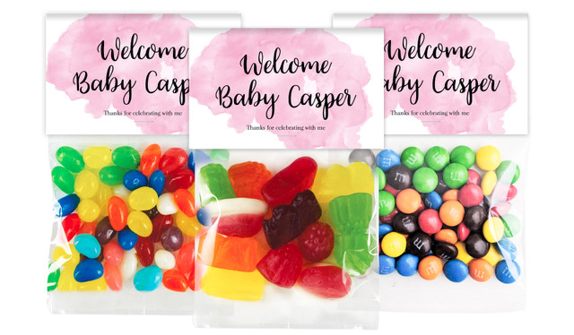 A Splash Of Watercolour Pink Birth Announcement Personalised Lolly Bag With Topper