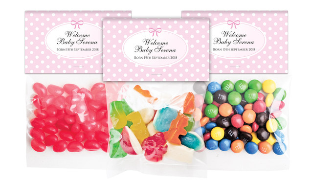 Polkadot Pink Birth Announcement Personalised Lolly Bag With Topper