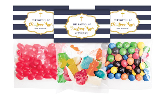 Bold Stripe And Gold Christening Personalised Lolly Bag With Topper