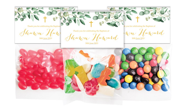 Gum Leaves & Gold Christening Personalised Lolly Bag With Topper