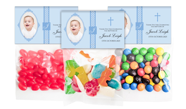 Initial Blue Christening Personalised Lolly Bag With Topper