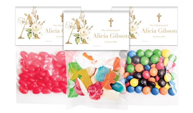 Monogram Rose Christening Personalised Lolly Bag With Topper