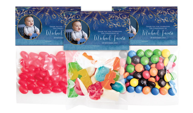 Navy Gold Photo Christening Personalised Lolly Bag With Topper