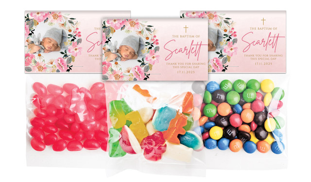 Photo On Floral Frame Christening Personalised Lolly Bag With Topper