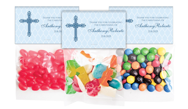 Religious Blue Christening Personalised Lolly Bag With Topper