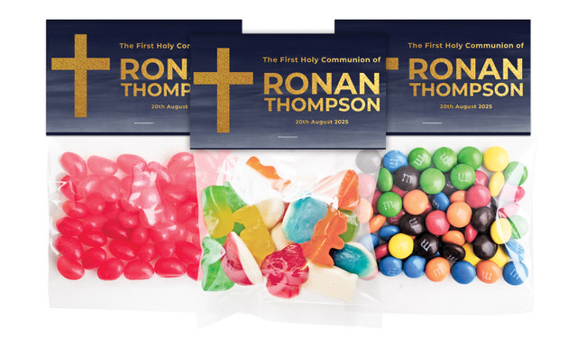 Navy Blue Watercolour Communion Personalised Lolly Bag With Topper